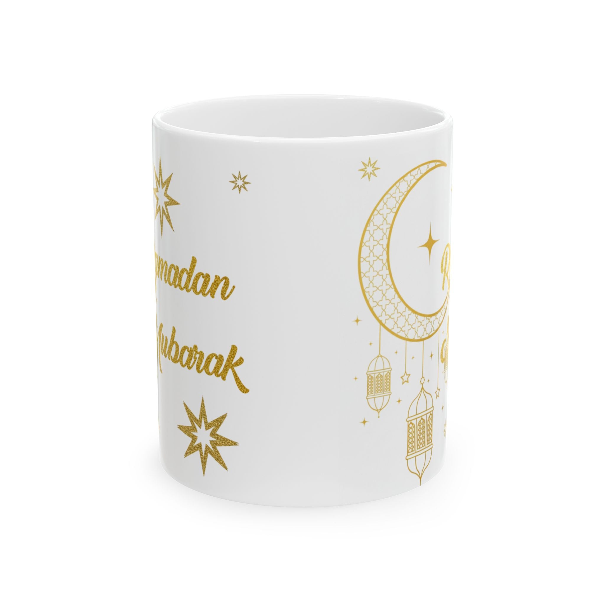 Ramadan Mubarak Ceramic Mug — Gold Crescent & Lantern Coffee Cup (11oz, 15oz)