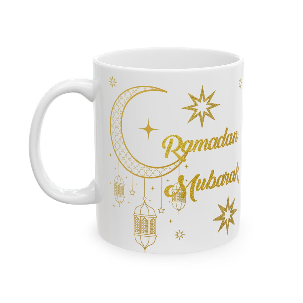 Ramadan Mubarak Ceramic Mug — Gold Crescent & Lantern Coffee Cup (11oz, 15oz)